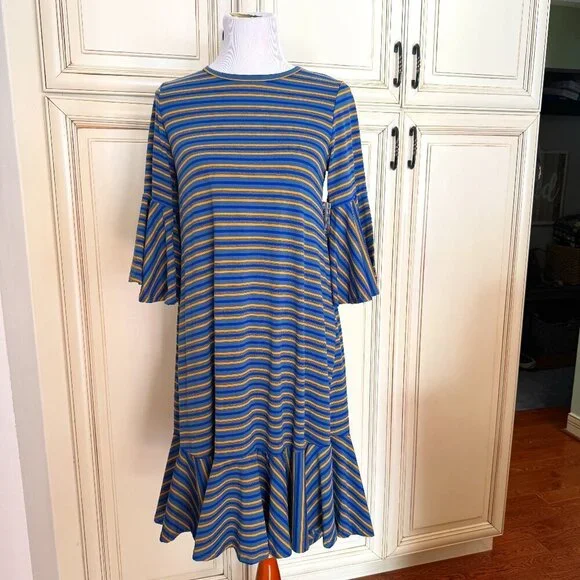 NWT LuLaRoe Maurine Dress Royal Blue, Slate Blue, and Medium Yellow Sz Medium - Picture 1 of 8